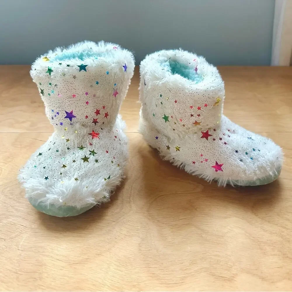 Dearfoams Toddler Slipper Boots Size S 9-10 White Faux Fur Star Cozy